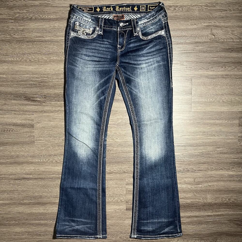 Rock Revival Sapphire Mid Rise Boot Cut Thick Stitch Denim Jeans Medium Wash 28